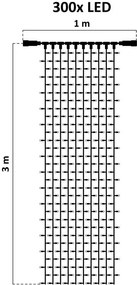 DECOLED Interiérový svetelný záves LED, teplá biela, priehľadný kábel, 1x3 m, 300 diód
