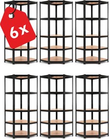 Akcia 6x Regál 180x90x40 cm rohový lakovaný 5-polícový, nosnosť 875 kg - čierny - 6ks