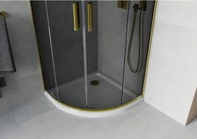 Mexen Rio, štvrťkruhový sprchovací kút s posuvnými dverami 80(dvere) x 80(dvere) x 190 cm, 6mm šedé sklo, zlatý profil + biela sprchová vanička SLIM, 863-080-080-50-40-4110G