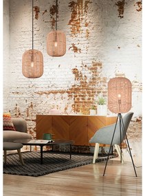 Béžová stojacia lampa s tienidlom z prútia a textilu (výška 150 cm) Runa – Trio