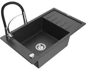 Mexen Elias, 1-komorový granitový drez 795x480x200 mm a drezová batéria Aster, čierna škvrnitá, 6511-76-73450-07