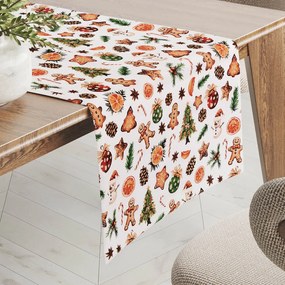 Biante Vianočný bavlnený behúň na stôl Sandra SA-516 Vianočné perníčky a ozdoby na bielom 35x160 cm
