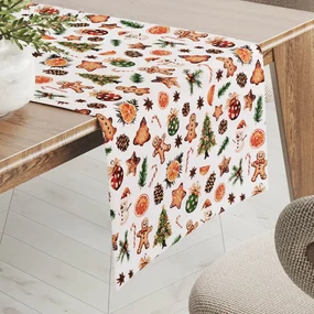 Biante Vianočný bavlnený behúň na stôl Sandra SA-516 Vianočné perníčky a ozdoby na bielom 45x120 cm