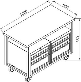 Pojazdný pracovný stôl do dielne GD, smrek + buková preglejka, 6 zásuviek, 1190 x 600 x 850 mm, sivá