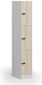 Šatníková skrinka S1 s úložnými boxmi, 3 boxy, 1850 x 300 x 500 mm, mechanický kódový zámok, laminované dvere, dub prírodný