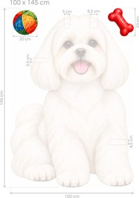 Maltézsky psík s loptičkou a kosťou maľované textilné nálepky na stenu pre milovníkov maltézskych psíkov arch 32 x 46 cm