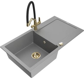 Mexen Leo, 1-komorový granitový drez 900x500x190 mm a drezová batéria Duo, šedá, 6501-71-671701-57-G