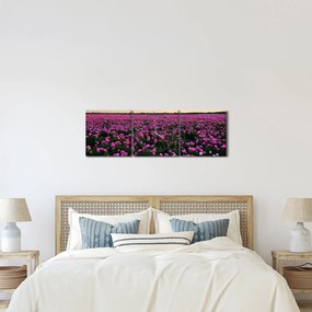 Obraz - Lúka fialových tulipánov (s hodinami) (90x30 cm)