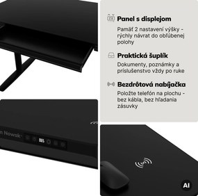 Elektrický písací stôl sit-stand so zásuvkou a bezdrôtovou nabíjačkou Qi čierny, 1400 mm: ELLIS