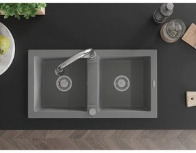 Mexen Mario, 2-komorový granitový drez 820x436x161 mm a drezová batéria Elia, šedá, 6504-71-670101-00
