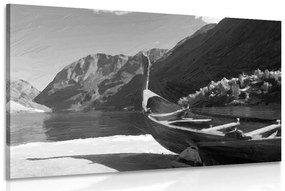 Obraz drevená vikingská loď v čiernobielom prevedení