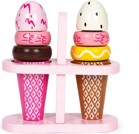 Detská drevená sada zmrzlín na suchý zips, 9 dielov so stojanom ECOTOYS 3+