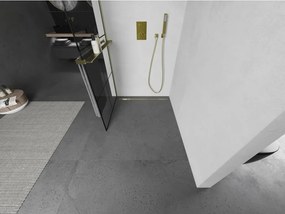 Mexen Kioto+ L, sprchová zástena Walk-In s poličkou a vešiakom 70 x 200 cm, 8mm číre sklo čierny vzor, zlatý matný profil, 800-070-123-55-77