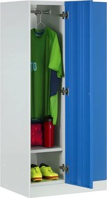 Šatníková skrinka S1 znížená, 2 oddiely, 1500 x 600 x 500 mm, demont, cylindrický zámok, modré dvere