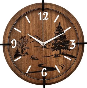 Nástenné hodiny s motívom lesa a 3D panorámou hôr | SENTOP HDF0600-WENGE