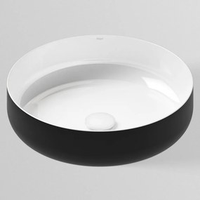 ALAPE AB.SO450.1 okrúhle umývadlo na dosku bez otvoru, bez prepadu, priemer 450 mm, matná čierna/biela lesklá, s povrchom ProShield, 3503000180