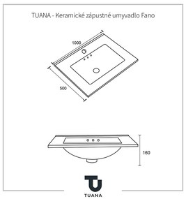 Tuana Fano, keramické zápustné umývadlo 100x50 cm, biela lesklá, CER-TU-475859