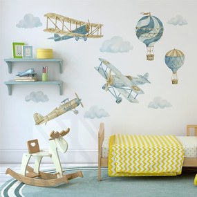 Gario Detská nálepka na stenu Retro balloons and airplanes - oblaky, tri lietadlá a dva balóny