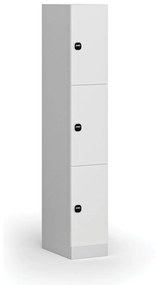 Šatníková skrinka s úložnými boxmi, 3 boxy, 1850 x 300 x 500 mm, zámok s čítačkou RFID kariet, laminované dvere, biela