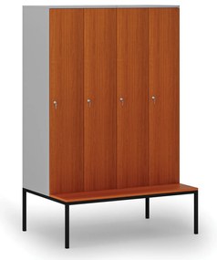 Drevená šatníková skrinka S4 s lavičkou, 4 oddiely, 1871 x 1200 x 500/800 mm, demont, cylindrický zámok, sivá/čerešňa
