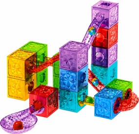 LEAN Toys Magnetické stavebné kocky – kocky, guľôčková dráha, farebné, 33 ks.