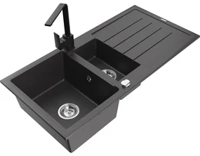 Mexen Andres, granitový drez 1000x500x200 mm, 1,5-komorový, čierna škvrnitá s chrómovým sifónom a čierna drezová batéria Rita, 6515-76-670300-70