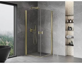 Mexen Mist-B Duo, 2-krídlový výklopný sprchový kút 75 x 75 cm, číre sklo, zlatý lesklý profil, 8A2-075-075-50-00