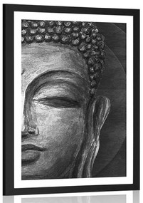 Plagát s paspartou tvár Budhu v čiernobielom prevedení - 20x30 silver