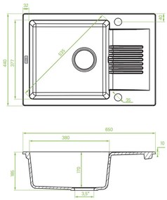Laveo Celia, 1-komorový granitový drez 650x440x185 mm s krátkym odkvapkávačom, čierna, LAV-SBC_713T