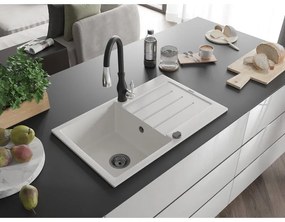 Mexen Bruno, 1-komorový granitový drez 795x495x200 mm a drezová batéria Savita, biela, 6513-20-672601-70