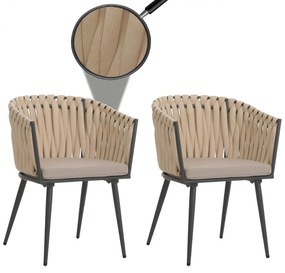 Záhradné stoličky HWC-N38 (SET 2 ks), olefínové lano, béžové vankúše - svetlo hnedá