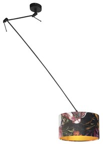 Závesné svietidlo čierne s plyšovým tienidlom s kvetmi so zlatom 35 cm - Blitz