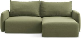 Zelená zamatová rozkladacia/s úložným priestorom rohová pohovka (pravý roh/s leňoškou) Kalena – Makamii