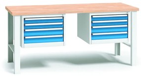 Pracovný stôl do dielne WL s 2 závesnými boxami na náradie, buková škárovka, 8 zásuviek, pevné kovové nohy, 1700 mm