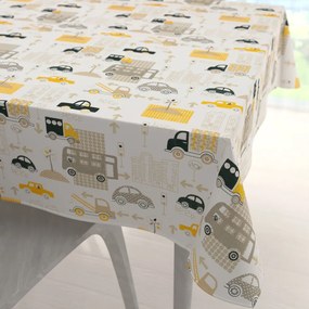 Biante Detský bavlnený štvorcový obrus Sandra SA-672 Žlté a sivohnedé autá v meste na bielom 130x130 cm