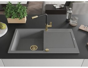 Mexen Leo, 1-komorový granitový drez 900x500x190 mm a drezová batéria Flora, šedá, 6501-71-670401-57-G