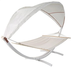 Hojdacia sieť HWC-J47 so strieškou pre 2 osoby, drevo, 420cm - biela, krémovo-biela