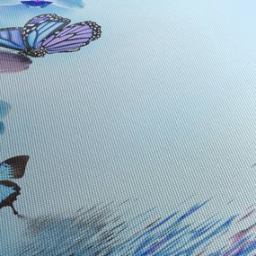 Obraz - Motýľ na kvetoch orchidey, modrý (90x60 cm)