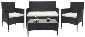Záhradná súprava 2 kresiel, pohovky a stolíka HWC-F55 - čierna, krémové vankúše