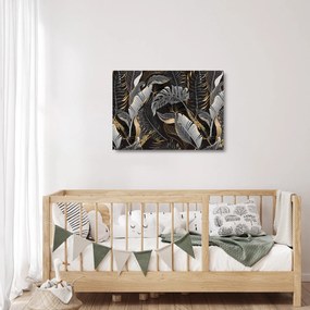 Sklenený obraz - Tropické listy v čierno-zlatej (70x50 cm)