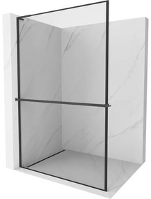 Mexen Kioto+ L, sprchová zástena Walk-In s poličkou a vešiakom 90 x 200 cm, 8mm číre sklo čierny vzor, čierny profil, 800-090-123-70-70