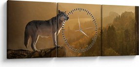 Obraz vlka na skale (s hodinami) (90x30 cm)