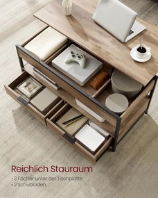 Konferenčný stolík, výškovo nastaviteľný, so zásuvkami, 50 x 100 cm, ťavohnedý