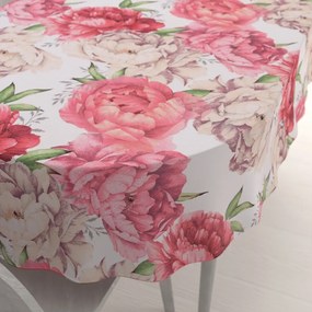 Biante Bavlnený oválny obrus Sandra SA-746 Veľké ružovo-béžové pivonky na bielom 60x100 cm