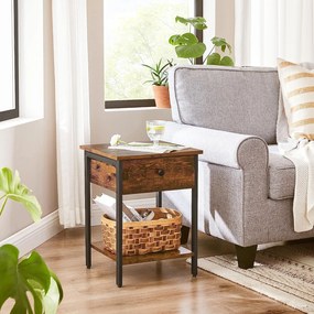 Nočný stolík, príručný stolík so zásuvkou a policou, rustikálny hnedý