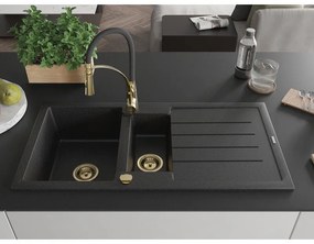 Mexen Andres, 1,5-komorový granitový drez 1000x500x200 mm a drezová batéria Aster, čierna-strieborná metalíza, 6515-73-73450-57-G