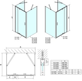 Polysan, EASY LINE sprchový kout tri steny 800-900x1000mm, pivot dvere L/P varianta, Brick sklo, EL1638EL3438EL3438