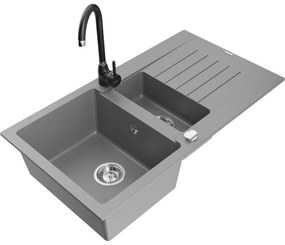 Mexen Matias, granitový drez 900x505x200 mm, 1,5-komorový a čierna batéria Telma, šedá, 6502-71-670200-70
