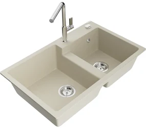 Mexen Tomas, 2-komorový granitový drez 800x500x190 mm a drezová batéria Flora, béžová, 6516-69-670401-00