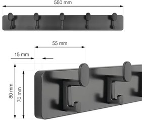Vešiaková lišta, 500x70mm, 5 háčikov, MDF čierna mat